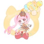  1girl :o absurdly_long_hair animal ankle_bow ankle_ribbon argyle_bow back_ribbon balloon bare_shoulders black_shoes bow bowtie brown_dress brown_eyes brown_hat cat chibi clothed_animal dance_till_dawn_(infinity_nikki) detached_sleeves dress ear_covers earrings expressionless eyes_visible_through_hair floating frilled_dress frilled_headwear frilled_wrist_cuffs frills hairband hat hat_bow head_only holding holding_balloon hood hood_up infinity_nikki jewelry layered_dress leg_ribbon light_blush lolita_fashion long_hair long_sleeves medium_dress mini_hat mini_top_hat momo_(nikki) multicolored_ribbon nikki_(nikki) nikki_(series) open_mouth pantyhose pink_hair red_bow red_bowtie red_hairband red_pantyhose ribbon shoes sidelocks simple_background solo strapless strapless_dress top_hat traditional_bowtie twintails two-tone_bow very_long_hair waist_bow wavy_hair white_background white_cat white_dress white_sleeves white_wrist_cuffs wrist_cuffs xiao560469 yellow_background yellow_hood 