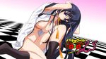  black_hair black_legwear bottomless breasts cleavage copyright_name eyecatch hair_ribbon high_school_dxd high_school_dxd_new highres himejima_akeno large_breasts long_hair looking_at_viewer mouth_hold navel nipples official_art open_clothes open_shirt orange_ribbon purple_eyes ribbon ribbon_in_mouth screencap shirt socks solo 