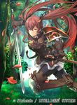  armor belt_boots boots brown_footwear fire_emblem fire_emblem_cipher fire_emblem_if forest gloves hair_ribbon leather leather_boots long_hair luna_(fire_emblem_if) nagahama_megumi nature official_art red_eyes red_hair ribbon solo sword thigh_boots thighhighs twintails weapon 