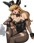  1boy 1girl animal_ears armlet artist_name black_leotard black_lips black_nails blonde_hair blue_eyes blush blushyspicy bow bowtie breasts cleavage clothes_writing commentary covered_navel cowboy_shot detached_collar earrings english_commentary fake_animal_ears fake_tail fishnet_sleeves fishnets high_heels highleg highleg_leotard highres jewelry large_breasts leotard long_hair looking_at_viewer magik's_crown magik_(x-men) marvel marvel_rivals pantyhose playboy_bunny rabbit_ears skindentation sleeves_past_wrists solo_focus speech_bubble spider-man_(series) spiked_armlet strapless strapless_leotard tail thighhighs torn_clothes torn_pantyhose traditional_bowtie venom_(marvel) white_background wrist_cuffs x-men 
