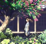  architecture brown_hair closed_mouth east_asian_architecture flower garden hakama japanese_clothes long_hair looking_up lotus_temple male_focus outdoors ponytail rakudai_ninja_rantarou scenery shade solo tree wind yamada_rikichi 