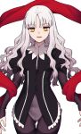  1girl absurdres black_dress black_thighhighs breasts brown_pantyhose caren_hortensia commentary_request dress fate/hollow_ataraxia fate_(series) front_slit highres juliet_sleeves long_hair long_sleeves looking_at_viewer medium_breasts mitsurugi_sugar no_pants open_mouth pantyhose puffy_sleeves shawl shroud_of_magdalene smile solo thighhighs thighhighs_over_pantyhose wavy_hair white_hair yellow_eyes 