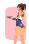  adjusting_clothes adjusting_swimsuit ass book brown_eyes brown_hair highres i-401_(kantai_collection) kantai_collection one-piece_swimsuit ponytail sailor_collar school_swimsuit short_hair solo swimsuit uno_ryoku 