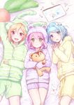  :3 ahoge androgynous animal_hood blonde_hair blue_eyes blush bow bunny bunny_hood commentary_request crayon ensemble_stars! green_eyes hair_bow hair_ornament hairclip highres himemiya_touri hood koji_miruku male_focus multiple_boys nito_nazuna on_bed open_mouth pajamas pink_hair purple_eyes red_eyes shino_hajime shorts sidelocks sketchbook smile stuffed_animal stuffed_toy teddy_bear 