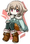  :&gt; atra_mixta black_legwear blush boots grey_hair gundam gundam_tekketsu_no_orphans hood hoodie kugelschreiber legwear_under_shorts long_sleeves looking_at_viewer pantyhose pantyhose_under_shorts red_eyes short_hair shorts sitting sleeves_past_wrists smile solo sweater 