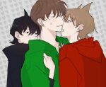  3boys animification bad_id bad_twitter_id bishounen black_coat black_eyes black_hair blush boy_sandwich brown_hair closed_eyes coat drawstring dual_persona edd_(eddsworld) eddsworld flipped_hair green_hoodie hair_behind_ear hair_between_eyes hair_ears hand_on_another's_chest heart height_difference hood hood_down hoodie hug hug_from_behind kupot long_sleeves looking_at_another male_focus multiple_boys open_mouth prototype_design red_hoodie sandwiched short_hair sweat tord_(2004)_(eddsworld) tord_(eddsworld) trench_coat u_u upper_body yaoi 