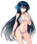  bikini black_hair blue_eyes blush breasts cameltoe cleavage collarbone contrapposto cowboy_shot douyougen hair_ribbon large_breasts long_hair looking_at_viewer micro_bikini navel open_mouth original parted_lips ribbon simple_background skindentation smile solo standing strap_gap swimsuit very_long_hair white_background 