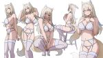 1girl absurdres animal_ear_fluff animal_ears blonde_hair bow bra breasts closed_mouth commentary crossed_bangs daydarion dog_ears dog_tail duplicate english_commentary fuwawa_abyssgard garter_belt highres hololive hololive_english kneeling large_breasts lingerie long_hair multicolored_hair on_stool open_mouth panties pink_eyes see-through_clothes see-through_thighhighs sitting standing stool streaked_hair tail thighhighs underwear underwear_only virtual_youtuber white_bow white_bra white_garter_belt white_panties 