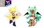  2girls abstract_background absurdres angel angel_wings angry anime_screenshot_inset armlet bare_shoulders black_armlet black_boots black_choker black_collar black_dress black_shorts black_tail black_wings blonde_hair blue_eyes blush boots bracelet breasts bridal_gauntlets bright_pupils chibi choker cleavage cleavage_cutout closed_mouth clothing_cutout collar colored_skin commentary_request cosplay costume_switch crop_top demon demon_girl demon_horns demon_tail demon_wings dress earrings embarrassed fang feathered_wings frilled_dress frilled_skirt frills full_body gladiator_sandals gloves gold_armband gold_bracelet gold_choker gold_ring gold_shoes green_eyes green_hair heart heart_ornament heart_ring high_heels highres horns jewelry long_hair looking_at_self looking_at_viewer messy_hair midriff multiple_girls navel obi open_mouth panty_&amp;_stocking_with_garterbelt panty_(psg) panty_(psg)_(cosplay) pink_tail pink_wings ray5green red_horns red_skin reference_inset reference_sheet ribbon ribbon-trimmed_skirt ribbon_trim ring sandals sash scanty_(psg) scanty_(psg)_(cosplay) screenshot_inset shoes short_shorts shorts simple_background skirt sleeveless sleeveless_dress smile spiked_armlet spiked_bracelet spiked_choker spiked_collar spiked_legwear spiked_shoes spiked_shorts spikes standing sweat sweatdrop swept_bangs tail tank_top very_long_hair white_background white_bridal_gauntlets white_dress white_gloves white_pupils white_ribbon white_sash white_skirt white_tank_top white_wings winged_shoes wings yellow_eyes 