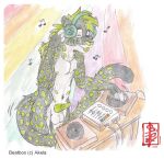 anthro aroused balls cheetah club_lighting electronics erection felid feline fennec_(artist) genitals headphones hi_res male mammal markings music musical_note musical_symbol painting_(artwork) penis simple_background solo sound spots spotted_markings symbol traditional_media_(artwork) turntable_(decks) watercolor_(artwork)