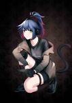  1girl absurdres animal_ears arknights black_choker black_gloves black_shirt black_shoes black_shorts black_socks blue_hair brown_jacket cat_ears cat_girl cat_tail choker closed_mouth ear_protection full_body gloves green_eyes grey_jacket gun handgun headphones headset highres holding holding_gun holding_weapon implied_extra_ears jacket jessica_(arknights) knee_pads kneehighs long_sleeves looking_at_viewer multicolored_hair off_shoulder on_one_knee open_clothes open_jacket pink_hair ponytail red_hair shirt shoes short_hair short_shorts shorts single_glove single_knee_pad socks solo tail thigh_strap tian115 weapon 