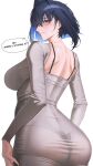  1girl absurdres ass black_bra black_panties blue_eyes blue_hair bra bra_visible_through_clothes breasts chco closed_mouth colored_inner_hair commentary dongtan_dress dress english_text fanged_bangs from_behind grey_dress hair_intakes highres hololive hololive_english lace-trimmed_bra lace-trimmed_panties lace_trim large_breasts lingerie long_sleeves multicolored_hair ouro_kronii panties panties_visible_through_clothes short_hair simple_background smile solo speech_bubble string_panties underwear virtual_youtuber white_background 