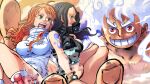  1boy 2girls absurdres blue_eyes boots bracelet brown_eyes carrying carrying_person cidades clenched_teeth cropped_jacket eyelashes gear_fifth hagoromo highres jacket jewelry leather leather_jacket log_pose long_hair monkey_d._luffy multiple_girls nami_(one_piece) nico_robin one_piece open_mouth orange_hair pink_eyes scar scar_on_face shawl size_difference sleeveless smile teeth thick_eyebrows turtleneck white_hair 