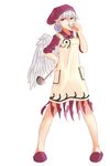  angel_wings apron dress hat highres kishin_sagume ladle looking_at_viewer nama_shirasu purple_dress red_eyes revision silver_hair single_wing slippers solo tasting touhou wings 