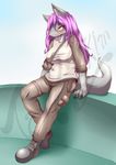  2015 anthro blush boots breasts canine clothed clothing english_text female footwear fur grey_fur hair half-closed_eyes long_hair mammal pants purple_hair sitting slit_pupils solo tailzkim text yellow_eyes 