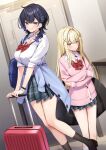  2girls absurdres black_hair black_skirt blonde_hair blue_cardigan blush bow bowtie bracelet breasts cardigan cardigan_around_waist cleavage closed_mouth clothes_around_waist collared_shirt commentary_request dekkai_gyaru_to_chicchai_gyaru_ga_shitsuren_shita_ore_no_shinkyo_ni_iribitatteiru ebitani_reni frown grin hair_ornament heart heart_necklace highres himori_shuri indoors jellyfish_cut jewelry large_breasts long_hair long_sidelocks long_sleeves looking_at_viewer multicolored_hair multiple_girls necklace novel_illustration official_art oryo_(oryo04) pink_cardigan pleated_skirt purple_hair red_bow red_bowtie rolling_suitcase school_uniform second-party_source shirt sidelocks skirt sleeves_past_wrists sleeves_rolled_up smile standing streaked_hair suitcase thighs white_shirt wing_collar x_hair_ornament yellow_eyes 