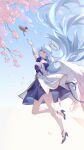  1girl absurdres aqua_hair arm_up bird cherry_blossoms detached_sleeves dress earrings falling_petals feathered_wings floating_hair gloves gold_trim green_eyes hair_between_eyes halo hand_on_own_chest head_wings high_heels highres honkai:_star_rail honkai_(series) jewelry long_hair low_wings petals pink_petals purple_dress revision robin_(honkai:_star_rail) short_sleeves strapless strapless_dress thorn_(kmconceptart) very_long_hair white_dress white_gloves white_wings wings yellow_halo 