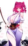  1girl absurdres alternate_costume breasts cleavage closed_mouth fingernails hair_bobbles hair_ornament highres holding holding_scythe japanese_clothes kimono large_breasts looking_at_viewer nail_polish obi onozuka_komachi pink_eyes pink_hair purple_kimono raptor7 red_nails sash scythe smile solo thighs touhou two_side_up white_background 