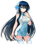  black_hair blue_eyes blush breasts china_dress chinese_clothes cleavage_cutout contrapposto cowboy_shot douyougen dress flower hair_flower hair_ornament hair_ribbon large_breasts long_hair looking_at_viewer original ribbon simple_background solo standing thighhighs very_long_hair white_background 