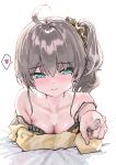  1girl absurdres ahoge aqua_eyes breasts brown_hair camisole cleavage closed_mouth commentary frilled_camisole frills hair_between_eyes hair_ornament hair_scrunchie heart highres hololive jacket kanzarin looking_at_viewer medium_hair natsuiro_matsuri natsuiro_matsuri_(matsuri's_day_off) official_alternate_costume pointing pointing_at_viewer scrunchie side_ponytail small_breasts solo spoken_heart straight-on striped_clothes striped_jacket virtual_youtuber yellow_camisole yellow_jacket yellow_scrunchie 