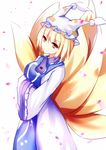  blonde_hair breasts dress fox_tail hands_in_opposite_sleeves hat large_breasts light_smile long_sleeves looking_at_viewer meng_xiao_jiong multiple_tails petals pillow_hat short_hair smile solo tabard tail touhou white_dress wide_sleeves yakumo_ran yellow_eyes 