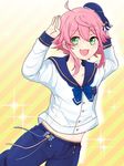  :3 ahoge blush ensemble_stars! green_eyes hat highres himemiya_touri male_focus michi_(onemunemu) midriff open_mouth pink_hair ribbon sailor shorts sidelocks smile solo 