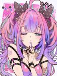  1girl ahoge alto_seneka applying_lipstick applying_makeup applying_own_makeup black_bow blue_eyes bow character_name commentary cosmetics english_commentary eyeshadow hair_bow highres holding holding_lipstick_tube hololive hololive_dev_is kikirara_vivi lipstick_tube looking_at_viewer makeup multicolored_hair one_eye_closed pink_hair pink_shirt purple_eyeshadow purple_hair shirt solo two-tone_hair virtual_youtuber 