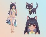  1girl :3 ancient_egyptian_clothes animal_ears animalization ankh armlet black_cat black_hair blue_hair blunt_bangs bracelet breasts cat cat_ears cat_girl cat_tail gold_armlet gold_bracelet gold_collar gold_embroidery gold_sandals gold_thighlet gradient_background gradient_hair green_eyes green_hair heterochromia highres holding_own_skirt jewelry long_hair looking_at_viewer multicolored_hair navel orenji_gallery original pelvic_curtain red_eyes red_hair sandals showgirl_skirt skirt sling_bikini_top small_breasts smile starry_sky_print stomach streaked_hair tail thighlet usekh_collar white_skirt 