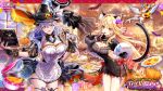 2girls animal_ears apron artist_collaboration baizu_(guszx) bent_over black_bow black_dress black_hat black_thighhighs blonde_hair blue_eyes blush book bow breasts cat_ears cat_tail cherry cleavage cleavage_cutout clothing_cutout collared_sweater crossed_bangs dragon_girl dragon_horns dress fang flower food fruit full_body hair_between_eyes hair_flower hair_intakes hair_ornament halloween hat highres holding holding_book holding_food holding_fruit holding_ladle horns indoors kiba_tori ladle large_breasts long_hair low_ponytail multicolored_eyes multiple_girls official_art official_wallpaper open_book pointy_ears ponytail purple_hair red_eyes rose sheworu_nahatomujiku shironeko_project side-by-side side_cutout sierra_(shironeko_project) smile standing sweater sweater_dress tail thighhighs tongue tongue_out tsurime very_long_hair white_apron witch_hat 