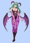  1girl black_leotard breasts darkstalkers demon_girl demon_wings full_body green_eyes green_hair head_wings highres leotard lipovymed morrigan_aensland solo strapless strapless_leotard wings 