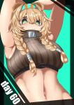  1girl absurdres animal_ears ankodaihuku arknights armpits arms_behind_head arms_up bear_ears bear_girl blonde_hair braid closed_mouth crop_top from_below green_eyes hair_tubes hairband highres long_hair looking_at_viewer midriff navel snow_hunter_(arknights) solo stomach_focus twin_braids upper_body yellow_pupils 