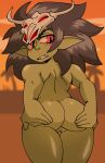 big_butt big_hair blush blush_lines butt eyebrow_slit eyebrows eyelashes female genitals goblin green_body green_skin grey_hair hair hi_res humanoid humanoid_pointy_ears looking_at_viewer looking_back looking_back_at_viewer nude pointy_ears pupils quintzee red_eyes skull_helmet slit_pupils solo thick_thighs thigh_gap vulva wide_hips