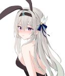  1girl absurdres animal_ear_hairband animal_ears bare_shoulders black_hairband black_leotard blue_pupils blue_ribbon blush breasts closed_mouth commentary congroo double-parted_bangs fake_animal_ears firefly_(honkai:_star_rail) from_side grey_hair hair_between_eyes hair_ribbon hairband highres honkai:_star_rail honkai_(series) large_breasts leotard long_hair looking_at_viewer pink_eyes playboy_bunny rabbit_ear_hairband rabbit_ears ribbon simple_background solo strapless strapless_leotard upper_body white_background 