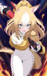  1girl absurdres animal_ears asymmetrical_jacket blonde_hair blue_eyes bodysuit breasts commentary_request durandal_(chevalier_fidele)_(umamusume) durandal_(umamusume) ear_covers epaulettes fourragere frilled_bodysuit gloves hair_between_eyes highres hitempo horse_ears horse_girl horse_tail large_breasts long_hair looking_at_viewer multicolored_hair open_mouth revision running single_ear_cover smile solo tail two-tone_hair umamusume white_bodysuit white_gloves white_hair 