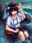  1girl artist_name black_hair black_skirt breasts hat highres looking_at_viewer red_eyes red_hat shameimaru_aya shirt sitting skirt tokin_hat touhou wet wet_clothes white_shirt yon_1912 