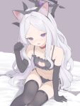  1girl animal_ear_hairband animal_ears arm_up bare_shoulders black_halo black_horns black_thighhighs blue_archive blush breasts cat_ear_hairband cat_ears cat_lingerie collar commentary_request demon_girl demon_horns demon_wings elbow_gloves fake_animal_ears gloves gman_(gsdeman) hairband halo hand_on_bed highres hina_(blue_archive) horns long_hair looking_at_viewer multicolored_halo navel on_bed open_mouth panties parted_bangs purple_eyes purple_halo red_collar side-tie_panties small_breasts solo thighhighs two-tone_halo underwear very_long_hair white_hair wings 