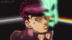  1boy anime_coloring araki_hirohiko_(style) black_background coat commentary crazy_diamond dark_side_of_the_moon diamond_wa_kudakenai earrings english_commentary from_behind gakuran genda_art hatching_(texture) heart_ornament higashikata_josuke high_collar highres jewelry jojo_no_kimyou_na_bouken looking_at_viewer looking_back male_focus official_style pink_eyes pink_floyd pompadour portrait rainbow red_coat red_hair school_uniform solo stand_(jojo) stone_ocean stud_earrings twitter_username 
