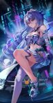  1girl absurdres boots breasts bronya_zaychik bronya_zaychik_(maximum_velocity) bronya_zaychik_(silverwing:_n-ex) car chinese_commentary cleavage commentary_request detached_sleeves drill_hair grey_eyes grey_hair henjiwumei highres honkai_(series) honkai_impact_3rd large_breasts long_hair looking_at_viewer midriff motor_vehicle navel official_alternate_costume on_car race_queen single_thighhigh skirt smile solo thighhighs thighs very_long_hair white_boots white_skirt white_thighhighs 