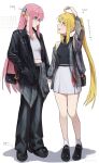  2girls absurdres aged_up ahoge ahoge_wag bag black_jacket black_pants black_shirt blonde_hair blue_eyes bocchi_the_rock! commentary_request cube_hair_ornament detached_ahoge expressive_hair gotoh_hitori hair_ornament hand_in_pocket handbag highres holding holding_bag holding_hands ijichi_nijika jacket jacket_partially_removed long_hair multiple_girls off_shoulder open_clothes open_jacket open_mouth pants pink_hair ponytail red_eyes seisyuntarotto shirt side_ahoge simple_background skirt sleeveless sleeveless_shirt translation_request very_long_hair white_background white_shirt white_skirt yuri 