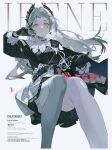  12710mio 1girl arknights bandolier belt black_gloves black_jacket bug bullet butterfly commentary_request cross earrings english_text gloves green_eyes grey_hair headpiece highres irene_(arknights) jacket jewelry long_hair long_sleeves looking_at_viewer rapier scar scar_across_eye scar_on_face sheath sheathed sitting skirt solo sword thighhighs weapon white_thighhighs 