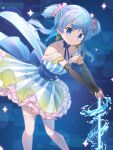 1girl absurdres bare_shoulders black_gloves blue_dress blue_eyes blue_hair blush commentary_request dress elbow_gloves feet_out_of_frame fingerless_gloves frilled_dress frills gloves highres long_hair looking_at_viewer magia_record:_mahou_shoujo_madoka_magica_gaiden mahou_shoujo_madoka_magica minami_rena parted_lips ruru_(rurumagi) short_dress solo standing striped_clothes striped_dress thighhighs two_side_up vertical-striped_clothes vertical-striped_dress white_thighhighs zettai_ryouiki 