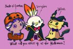  animal_focus bblin820 black_cape black_eyes black_hat bow bowtie cane cape closed_mouth colored_sclera commentary_request espurr fang full_body grey_fur halloween_costume hat highres holding holding_cane jack-o'-lantern looking_at_another mimikyu no_humans orange_fur pokemon pokemon_(creature) pokemon_focus purple_background purple_bow purple_bowtie purple_eyes purple_sclera red_bow red_bowtie scorbunny standing white_background white_fur witch_hat 