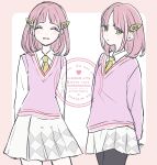  1girl artist_name black_pantyhose collared_shirt commentary_request dual_persona green_eyes hair_ornament hairclip happy highres lacey_(pokemon) long_sleeves looking_at_viewer medium_hair necktie pantyhose pink_hair pink_sweater pink_vest pleated_skirt pokemon pokemon_scarlet_and_violet school_uniform serious shinogo_no shirt skirt solo sweater upper_body vest watermark white_pantyhose white_shirt white_skirt yellow_necktie 