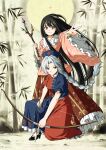  2girls arrow_(projectile) bamboo bamboo_print black_hair black_shoes blue_eyes bow bow_(weapon) bowtie braid branch breasts closed_mouth commentary_request constellation_print cross cross_print drawing_bow dress frilled_dress frilled_skirt frills full_body full_moon grey_hair hat high_heels highres holding holding_arrow holding_bow_(weapon) holding_branch holding_weapon houraisan_kaguya inuno_rakugaki jeweled_branch_of_hourai long_hair long_skirt long_sleeves looking_at_viewer medium_breasts moon multiple_girls nurse_cap on_one_knee outdoors pink_shirt print_dress print_hat print_skirt puffy_short_sleeves puffy_sleeves red_cross red_eyes red_skirt shirt shoes short_sleeves skirt smile touhou two-tone_dress very_long_hair weapon white_bow white_bowtie wide_sleeves yagokoro_eirin 