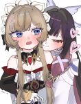  2girls anger_vein bare_shoulders black_collar black_hair black_sleeves blue_eyes blush bonnet brown_hair closed_eyes closed_mouth collar columbina_(genshin_impact) commentary_request detached_collar detached_sleeves dress genshin_impact hair_ornament hair_ribbon head_wings heart hi_suix2 highres hug hug_from_behind long_hair long_sleeves multicolored_hair multiple_girls multiple_wings open_mouth purple_hair purple_streaks ribbon sandrone_(genshin_impact) short_hair_with_long_locks simple_background smile streaked_hair two-tone_hair very_long_hair white_background white_dress white_wings wing_hair_ornament wings yuri 