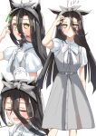  1girl ahoge animal_ears black_hair blush bow bow_hairband closed_eyes closed_mouth collared_shirt dress ear_tag earrings grey_dress grey_hairband hair_between_eyes hairband highres horse_ears horse_girl jewelry long_bangs long_hair long_hair_between_eyes looking_at_viewer manhattan_cafe_(umamusume) multicolored_hair multiple_views official_alternate_costume open_mouth shirt short_sleeves simple_background single_earring sleeveless sleeveless_shirt spoon umamusume umayonyosi very_long_hair white_background white_bow white_hair white_shirt yellow_eyes 