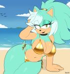 2026 ambient_bird anthro artist_name beach big_breasts bikini black_lipstick black_nose breasts cleavage clothed clothing cloud detailed_background eulipotyphlan eye_through_hair eyelashes eyelashes_through_hair fan_character female gold_bikini golden_week hair half-closed_eyes hedgehog hi_res jeanart lipstick looking_at_viewer makeup mammal multicolored_hair narrowed_eyes navel outside sand seaside sega side-tie_bikini sky smile solo sonic_the_hedgehog_(series) string_bikini swimwear teal_hair text thick_thighs translucent translucent_hair two-piece_swimsuit two_tone_hair water white_hair wide_hips yellow_eyes