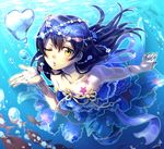  bare_shoulders blown_kiss blue_hair bubble bubble_blowing collarbone dress fish freediving hair_ornament heart highres long_hair love_live! love_live!_school_idol_project mermaid_costume ocean solo sonoda_umi tattoo underwater wedo yellow_eyes 