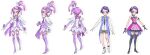  1girl arm_warmers black_gloves black_necktie boots bow brooch cure_sword dokidoki!_precure earrings gloves hair_ornament hairpin headset heart heart_brooch heart_hair_ornament highres jewelry kenzaki_makoto magical_girl necktie official_art precure purple_arm_warmers purple_bow purple_eyes purple_hair reference_sheet shorts smile solo spade_(shape) spade_earrings spade_hair_ornament takahashi_akira thigh_boots transparent_background white_bow 