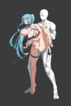  1boy 1girl absurdres akkuon bikini bikini_around_one_leg black_bikini blue_hair breasts colored_skin commentary_request facial_mark female_ejaculation full_body girls'_frontline high_ponytail highres hk416_(girls'_frontline) large_breasts long_hair nipples open_swimsuit penis ponytail pussy rolling_eyes sex standing standing_on_one_leg standing_sex swimsuit vaginal white_skin yellow_eyes 